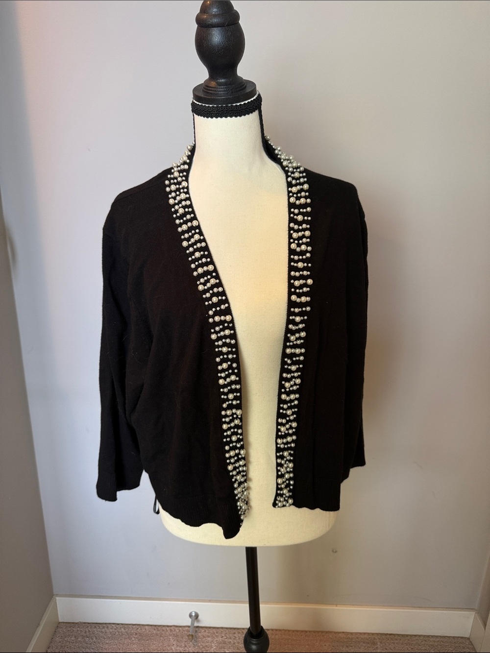 Black Open-Front Cardigan Sweater with Pearl Trim